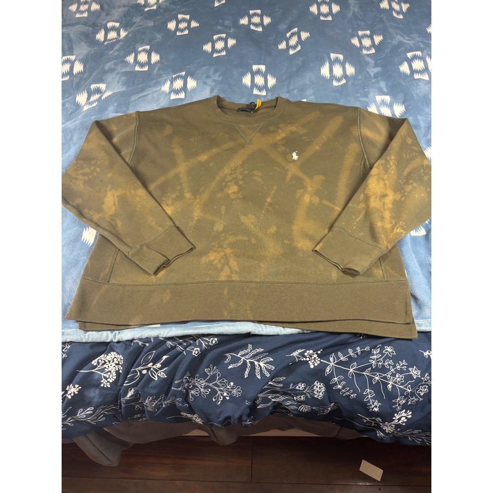 Polo Ralph Lauren Mens XL Olive Green Acid Wash Bleach Splatter Crew Sweatshirt